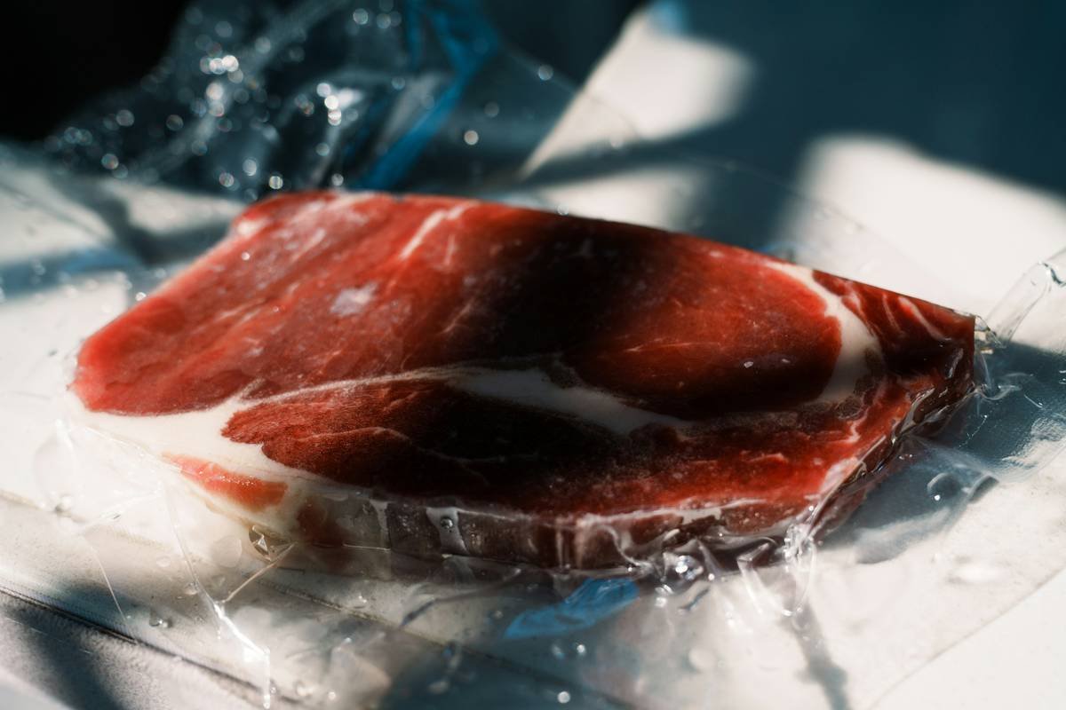 pre portioned raw dog food thawing in refrigerator